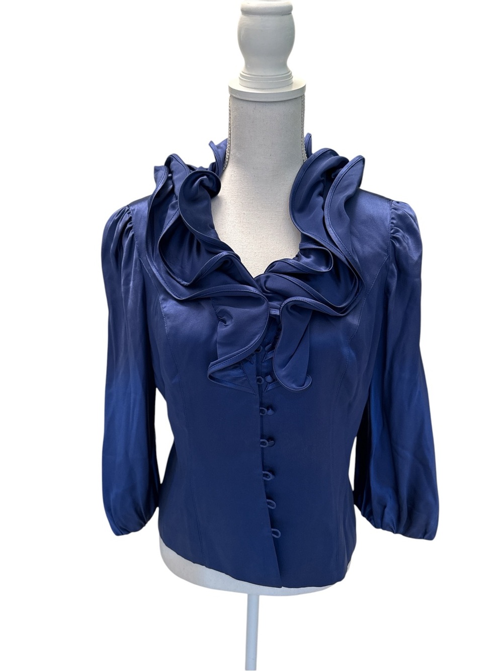 Rickie Freeman Teri Jon Ruffle Silk Cobalt Blue Blouse Size 8